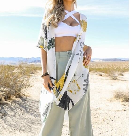 Floral Motif Boho Festival Cover Up Kimono White - Picture 1 of 3